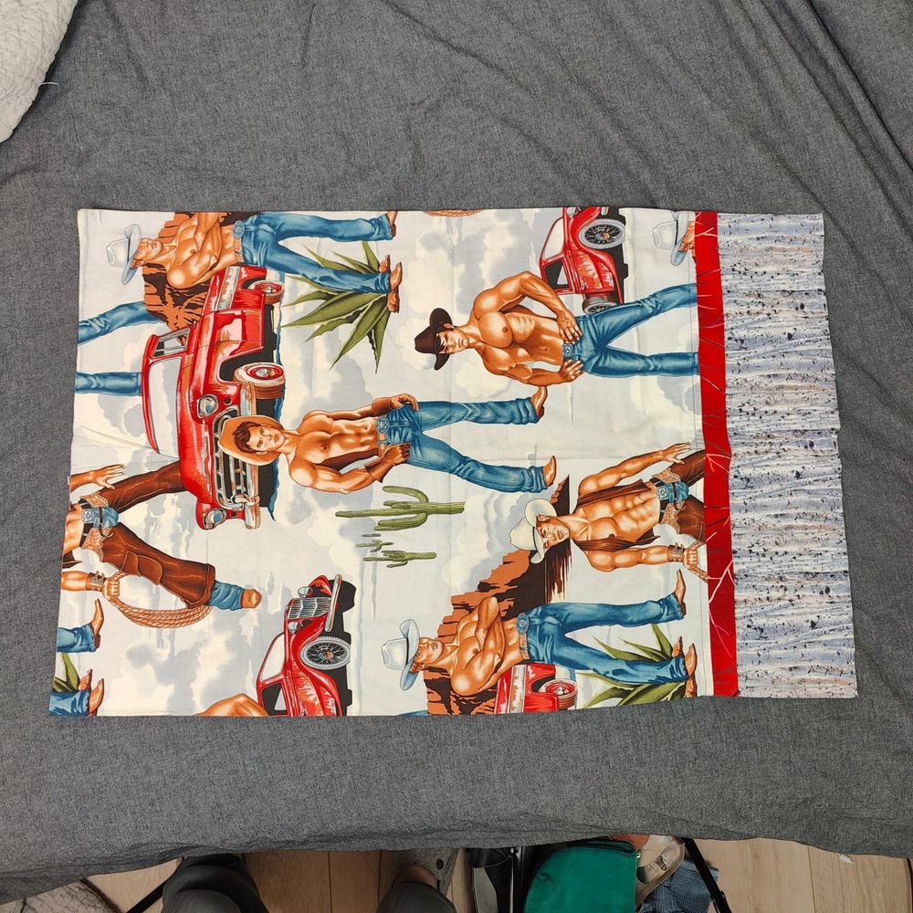 Unbranded Vintage Handmade Pillowcase Multicolor Cowboy Print Kitsch Beefcake - Picture 2 of 6